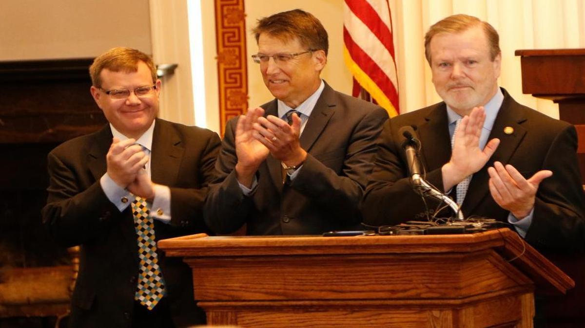 
From left, House Speaker Tim Moore, Gov. Pat McCrory and Senate leader Phil Berger appear to have differing views on a proposed bond referendum.
