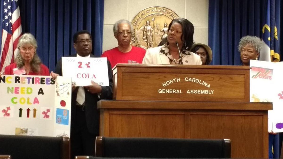 Rep. Carla Cunningham, a Charlotte Democrat, speaks in support of a cost of living adjustment for state retirees during a news conference in 2017.