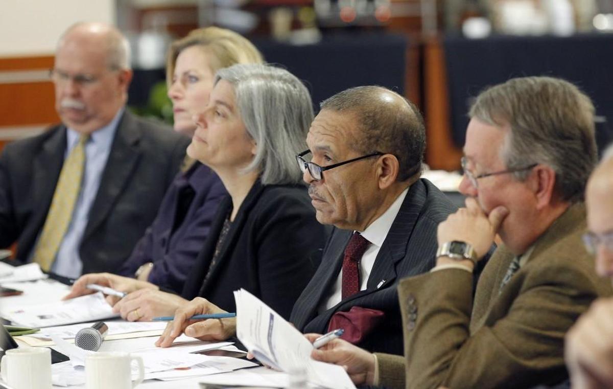 From left, Wake County Superintendent of Schools James Merrill,Wake County Commissioner Caroline Sullivan, Chair of the Wake County School Board Christine Kushner, Chair of the Wake County Commissioners James West and School Board member Tom Benton, listen during a joint meeting between the Wake Co. Commissioners and the Wake Co. School Board held at PNC Arena in Raleigh on Jan. 26, 2015.