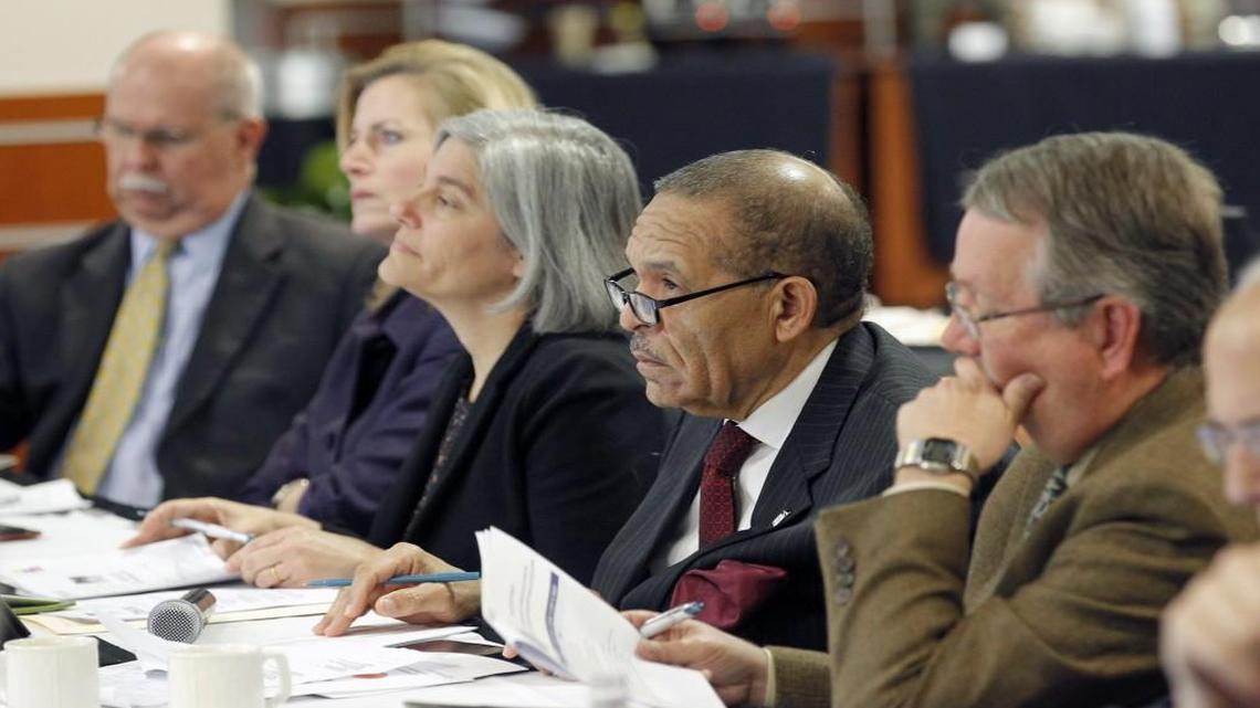 From left, Wake County Superintendent of Schools James Merrill,Wake County Commissioner Caroline Sullivan, Chair of the Wake County School Board Christine Kushner, Chair of the Wake County Commissioners James West and School Board member Tom Benton, listen during a joint meeting between the Wake Co. Commissioners and the Wake Co. School Board held at PNC Arena in Raleigh on Jan. 26, 2015.