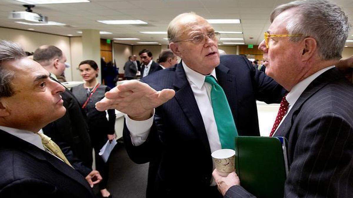 
Sen. Bob Rucho, left, and Sen. Jerry Tillman, center, both co-chairs, talk to John E. Skvarla, III, the Secretary of the North Carolina Department of Commerce, right, about the former JDIG (Job Development Investment Grant) program following a Senate Committee on Finance meeting at the N.C. General Assembly on Tuesday, March 17, 2015. The program has changed its name to the Job Growth Reimbursement Opportunities (JobGRO).
