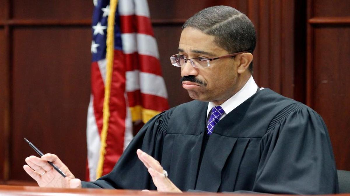 Superior Court Judge Michael Morgan presides over a hearing being held to determine whether the Voter ID law requires a change to the N.C. Constitution in a Wake County courtroom on Jan. 30, 2015.