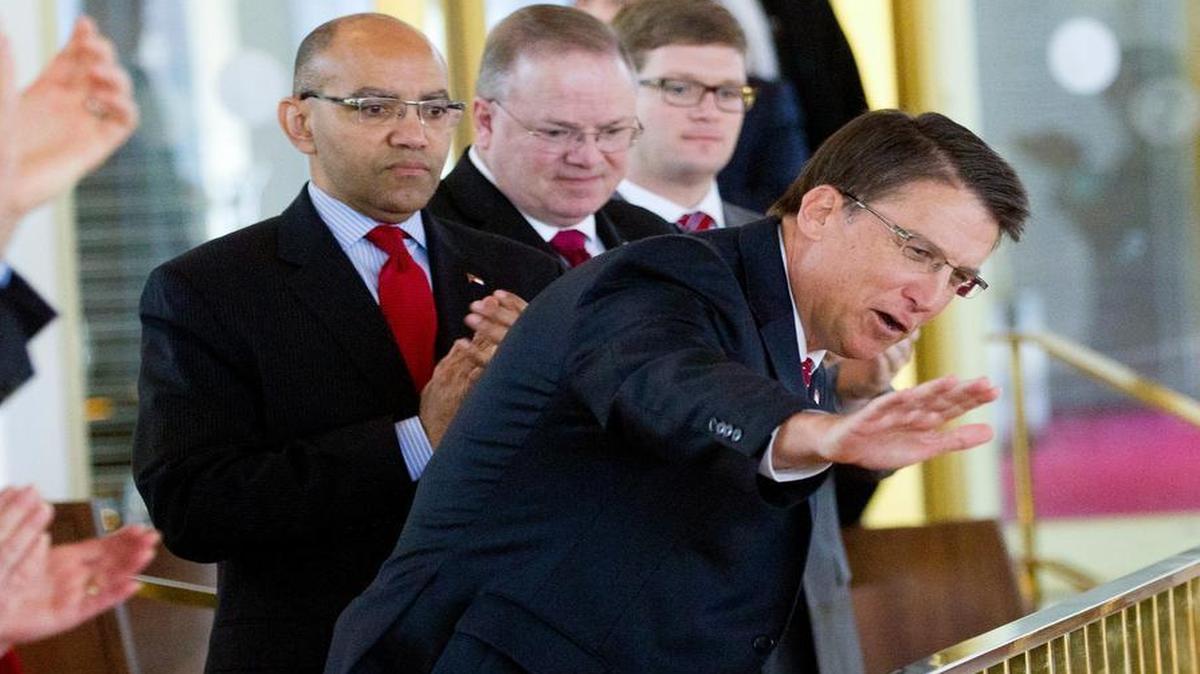 
Gov. Pat McCrory (R) waves from the gallery after he was recognized during the N.C. Senate session at the Legislature in Raleigh on Jan. 28, 2015. Earlier, a group organized by the N.C. NAACP was in the building protesting the policies of the Republican-led lawmakers.
