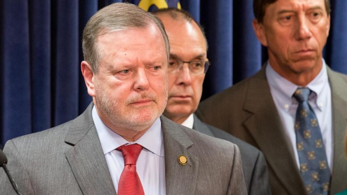 Senate leader Phil Berger, R-Rockingham, takes questions from reporters as the Senate's budget proposal is presented during a press conference on Tuesday, May 9, 2017.