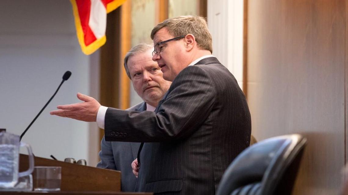 Senate leader Phil Berger (left) visits House Speaker Tim Moore during a session of the North Carolina House on March 23, 2017.