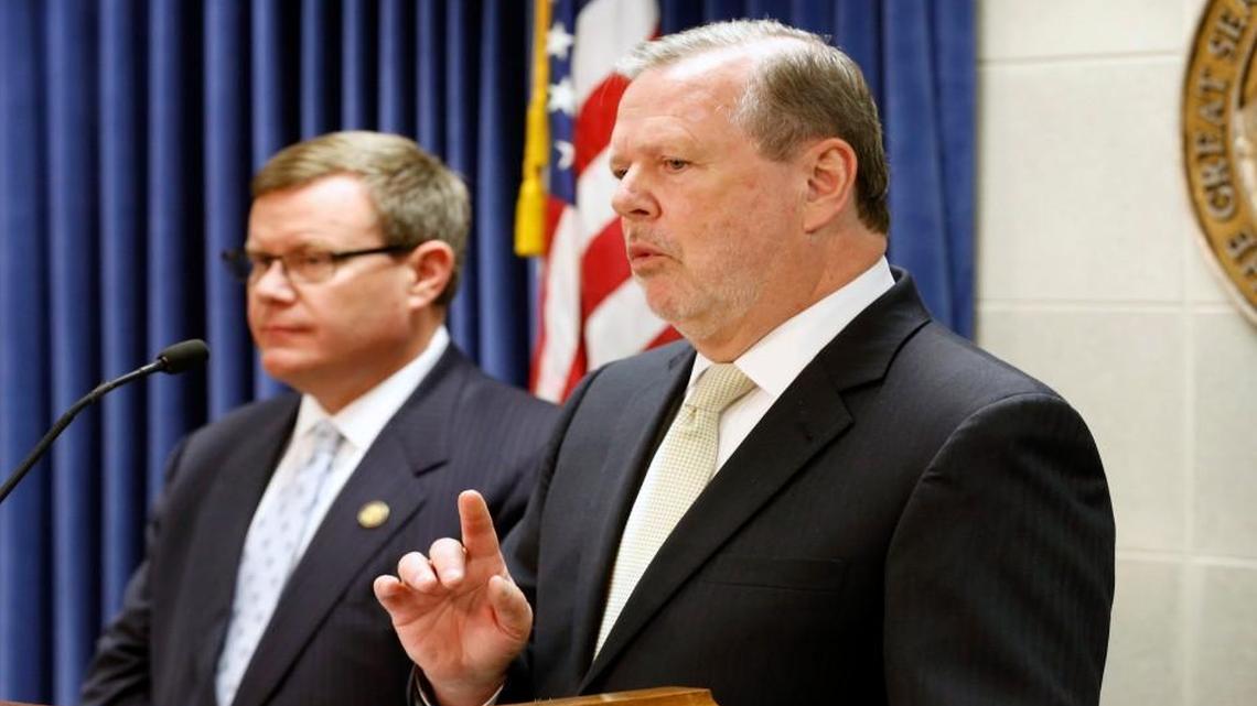 House Speaker Tim Moore, left, and Senate leader Phil Berger hold a press conference at the Legislative Building in Raleigh Tuesday evening March 28, 2017.