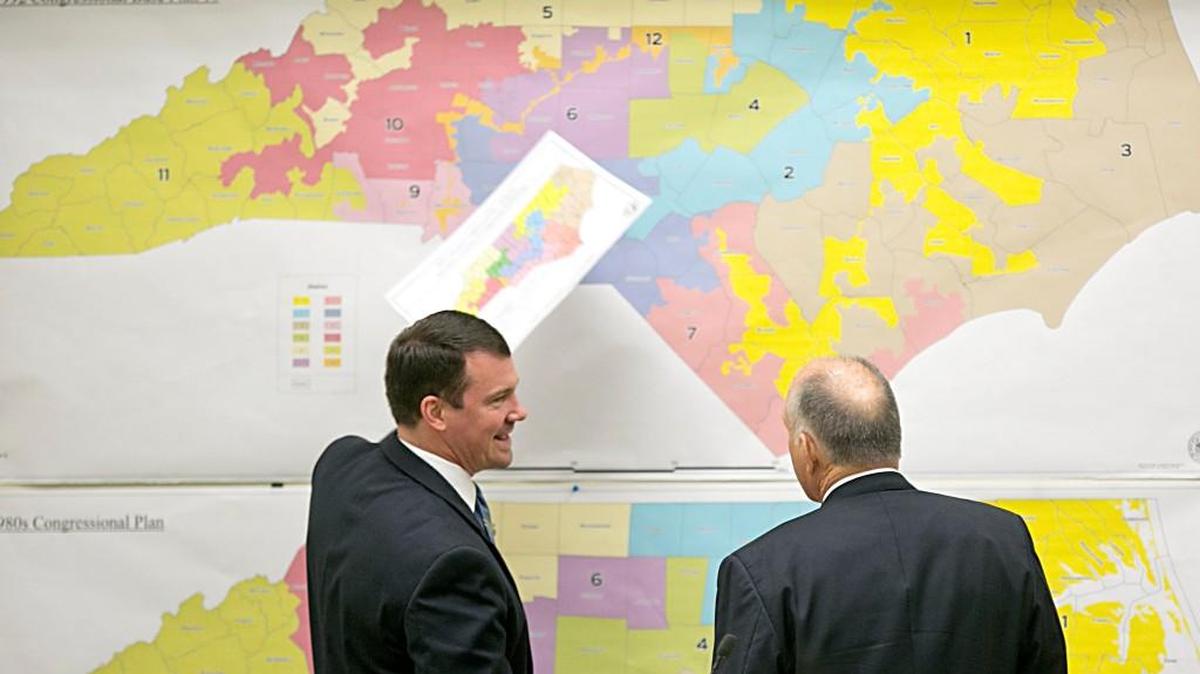Senators Dan Soucek, left, and Brent Jackson, right, review historical maps during The Senate Redistricting Committee for the 2016 Extra Session in the Legislative Office Building at the N.C. General Assembly on Tuesday, February 16, 2016.