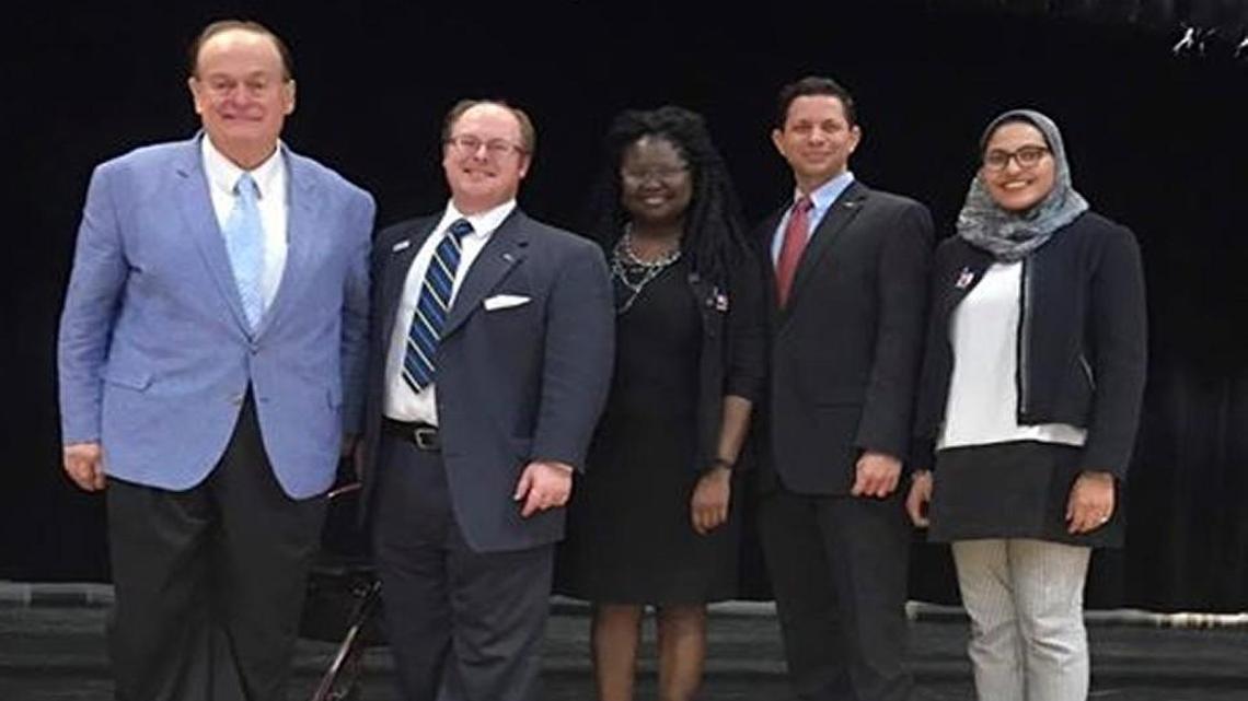 From left, N.C. Democratic Party secretary Melvin Williams, chairman Wayne Goodwin, first vice chair Aisha Dew, second vice chair Matt Hughes and third vice chair Nida Allam.