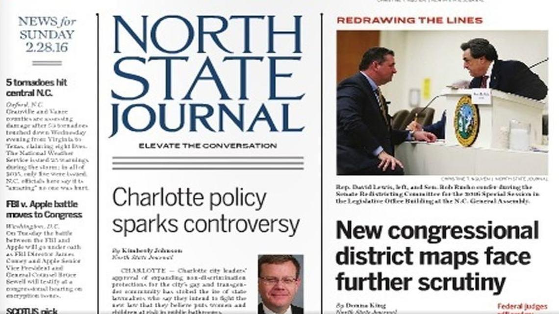 The front page of the North State Journal’s first issue.