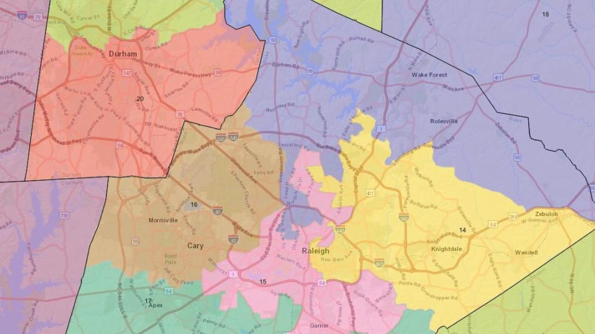 This map shows some of the election districts for the NC Senate.
