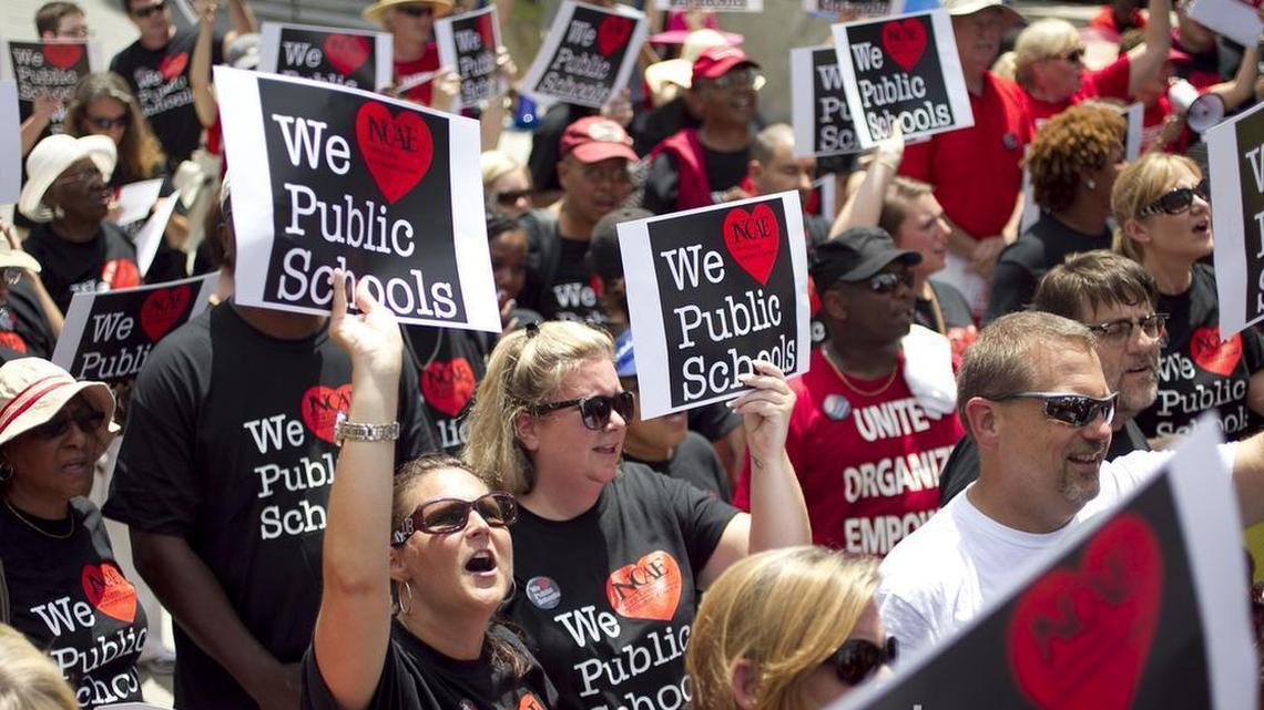 North Carolina teachers rally on Bicentennial Mall in front of the Legislative Building in June 2014. Some 15,000 teachers are expected in downtown Raleigh on Wednesday for another march and rally.