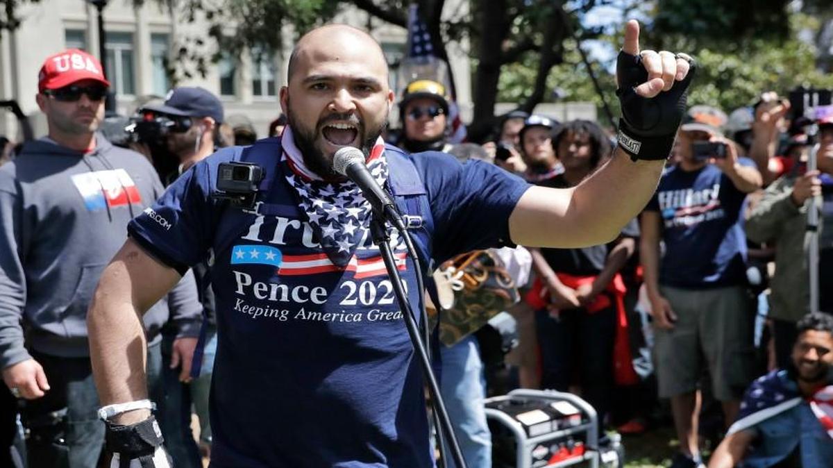 Joey Gibson speaks during a rally in support of free speech in April in Berkeley near the University of California campus, where demonstrators condemned the views of Ann Coulter and her supporters.