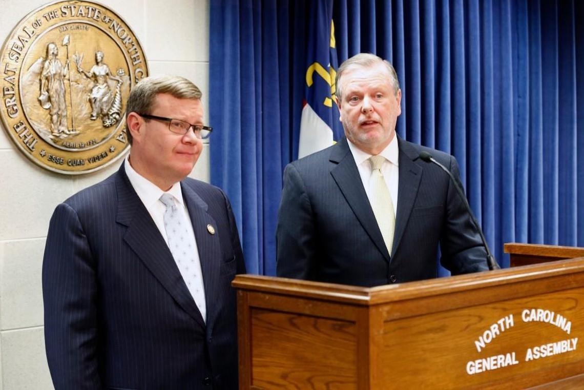 Republican leaders Rep. Tim Moore, speaker of the N.C. House, and Sen. Phil Berger, president pro tem of the N.C. Senate, hold a press conference at the Legislative Building in Raleigh on March 28, 2017.