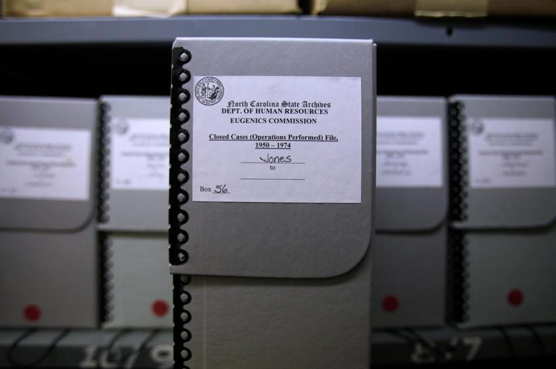 Documents on the victims of the N.C. Eugenics Board sit in the North Carolina State Archives.