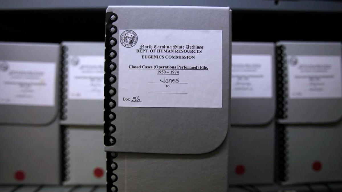 Documents on the victims of the N.C. Eugenics Board sit in the North Carolina State Archives.