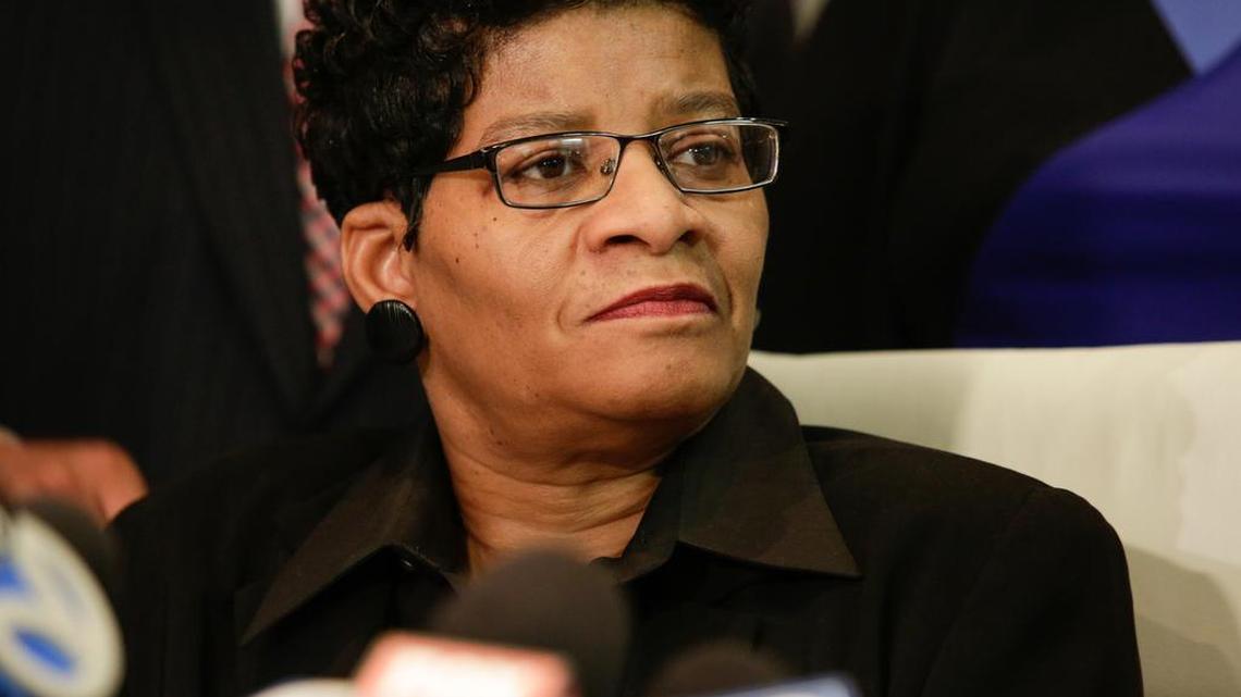 Geneva Reed-Veal, mother of Sandra Bland, listens as the family attorney speaks at a news conference Jan. 7, 2016, in Chicago.