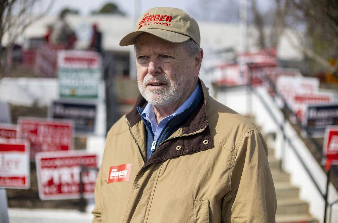 NC Senator Phil Berger, waits to greet voters outside the polling place at the Town Hall on Tuesday, February 24, 2026 in Eden, N.C.