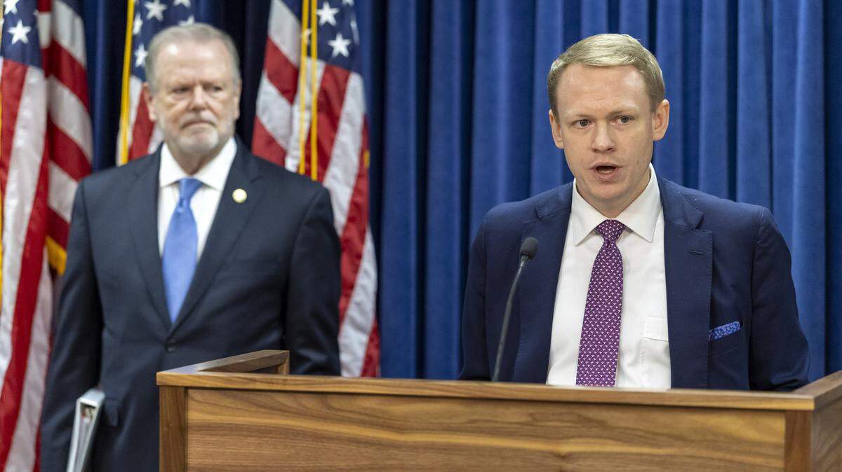 North Carolina House Speaker Destin Hall, right, and Senate leader Phil Berger, left, both Republicans, at a press conference Thursday, September 11, 2025 at the General Assembly in Raleigh, N.C
