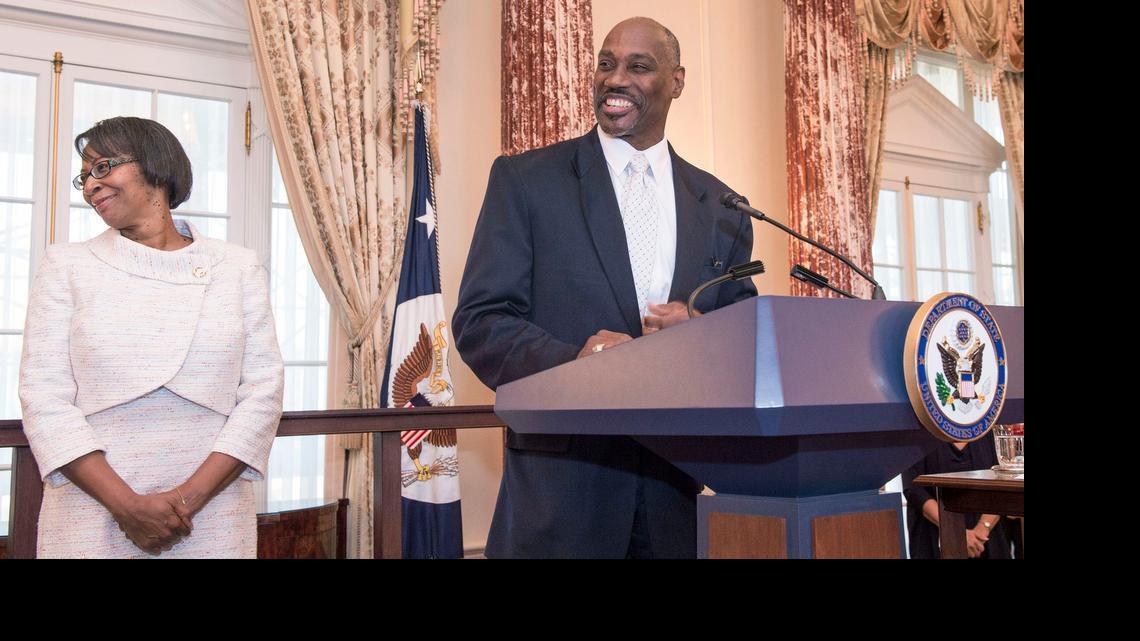 
Gentry Smith, right, and his wife Georgette Smith after he was sworn in as director of the State Department’s Office of Foreign Missions. Gentry Smith grew up in Weldon, attended N.C. State and did a stint with the Raleigh Police Department. 
