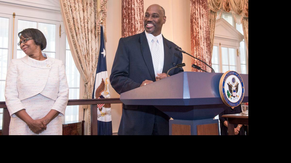 
Gentry Smith, right, and his wife Georgette Smith after he was sworn in as director of the State Department’s Office of Foreign Missions. Gentry Smith grew up in Weldon, attended N.C. State and did a stint with the Raleigh Police Department. 
