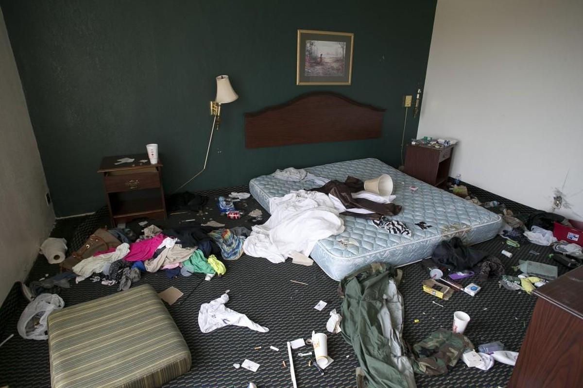 The Econo Lodge Inn & Suites on Kahn Drive in Lumberton sustained flood damage to the first floor during Hurricane Matthew in October 2016. Owner Harry Jhala is finding it difficult to find any financial assistance to help with the renovation. Some people were using the second floor for temporary housing, but after someone set a fire in one of the units, Jhala secured the building. This is the interior of one of the second floor rooms that were used as temporary housing after the hurricane.