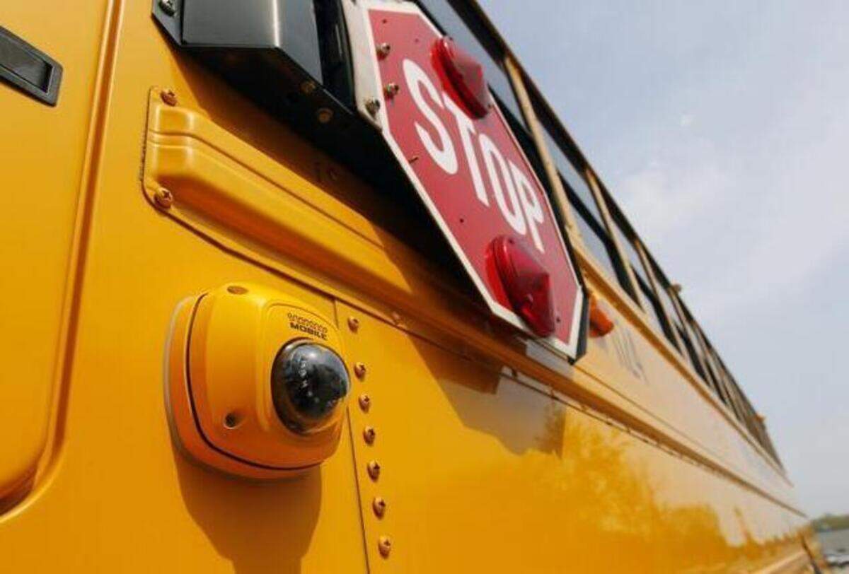
A small camera below the stop arm on a school bus that is expected to catch motorists who pass the bus while the stop arm is extended. The cameras were introduced during a press conference where Wake Co. Public School Transportation officials demonstrated the stop arm cameras at the school bus facility on Rock Quarry Rd. in Raleigh on April 9, 2015. A second camera is above the arm and a third camera is at the top back of the bus. In 2013, the N.C. General Assembly provided $1.38 million to expand the stop arm camera program for school buses statewide.
