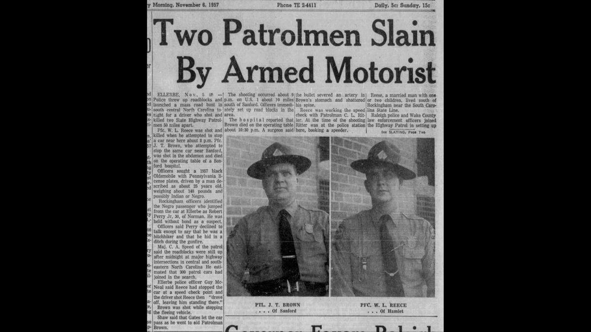 The deaths of two North Carolina troopers sparked a massive manhunt in 1957, news outlets reported.