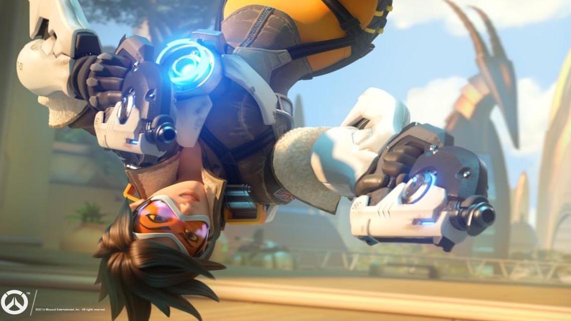 In “Overwatch,” time-traveling Tracer makes quirky British quips as she blinks through the battlefield.