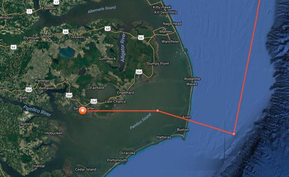 A screenshot of the tracker for young great white shark “Bruin” showing the shark’s three pings near the North Carolina coast from Monday, Dec. 4 to Friday, Dec. 8 2017.