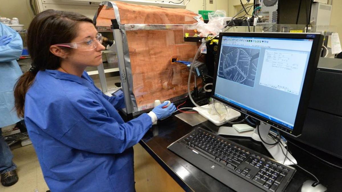Heather Enright, a biologist at Lawrence Livermore National Laboratory, uses a monitor and a microscope this month to look at a computer chip that replicates human biological systems, part of the “Human on a Chip” research in Livermore, Calif.