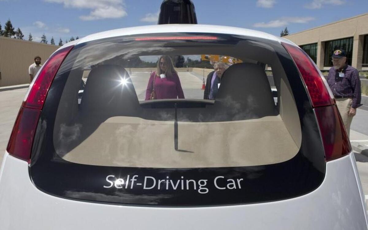 The back of the two-seater prototype of Google’s self-driving car at Google in Mountain View, Calif.