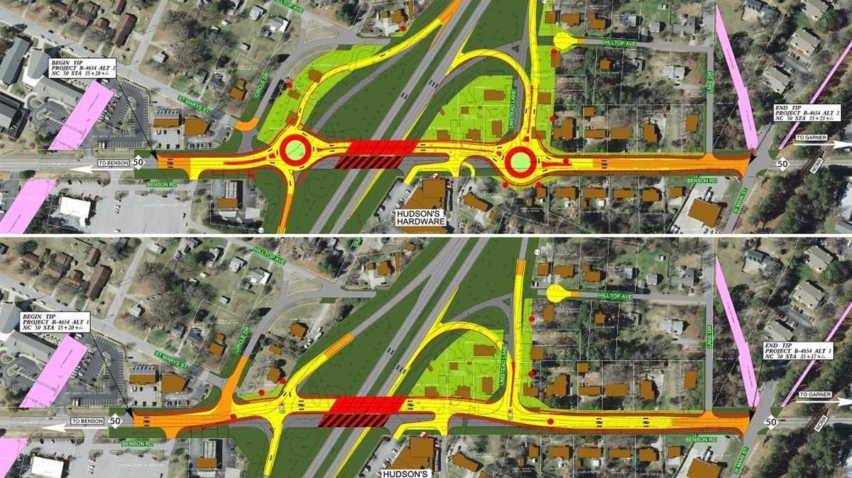 These are the two options that the N.C. Department of Transportation is considering for replacing the Benson Road, or N.C. 50, bridge over U.S. 70 in Garner. NCDOT is holding a meeting to get the public’s feedback from 4 to 7 p.m. Thursday, Feb. 15, at Garner Town Hall.