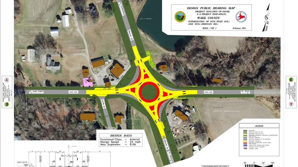 The new roundabout at N.C. 98 and N.C. 96 in northeast Wake County will largely fit within the footprint of the existing intersection, which has four short ramps for right-hand turns.