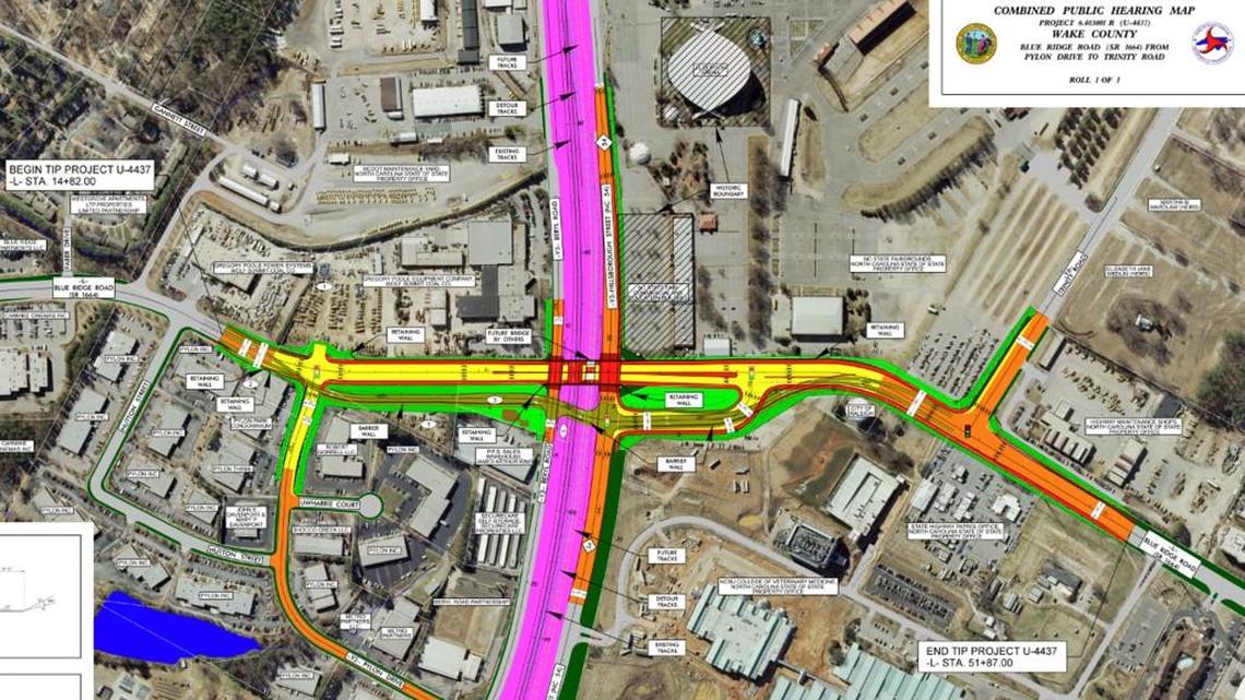 A preliminary drawing of how the underpass would work. Blue Ridge Road in yellow would go under Hillsborough and Beryl streets in orange and the railroad tracks between them. Hillsborough and Blue Ridge will be connected by a ramp in the lower right-hand corner.