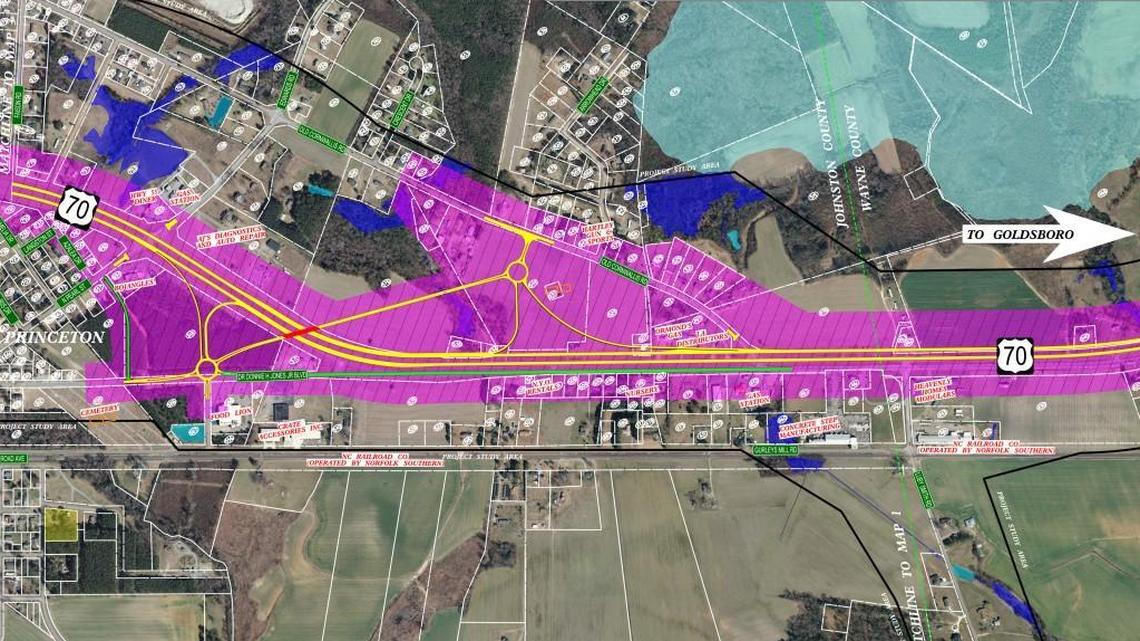 A detail from a preliminary plan to turn U.S. 70 into an interstate highway near Princeton. The N.C. Department of Transportation will show its plans for a 6.7-mile stretch of the highway at a public open house in Princeton on Dec. 7, 2017.