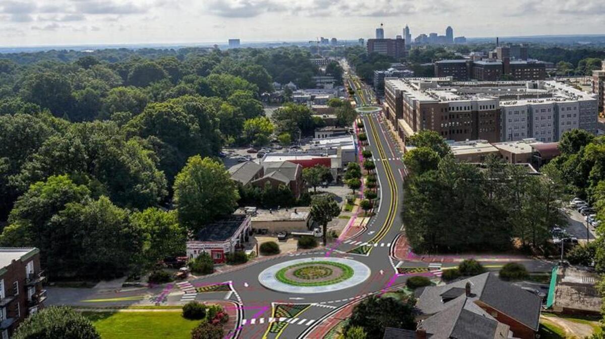 Here’s how Hillsborough Street will look after a $17.5 million project that includes new sidewalks, bike lanes, medians and street lights, buried utility lines and three new traffic circles or roundabouts. That’s the planned roundabout at Shepherd/Rosemary streets in the foreground.
