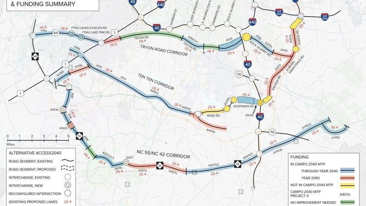 Access2040, an alternative to building N.C. 540 across southern Wake County developed by opponents of the highway, calls for widening and extending three east-west road corridors: Tryon Road/U.S. 64, Ten-Ten Road and N.C. 55/N.C. 42.