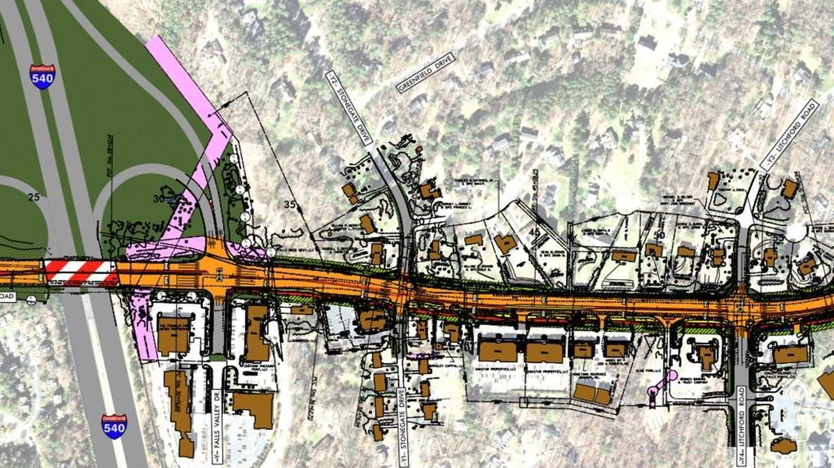 A detail from one of two plans the state Department of Transportation is considering for widening Falls of Neuse Road between Interstate 540, left, and Durant Road in North Raleigh. Residents of the Muirfield neighborhood, top, worry about the project’s impact on their neighborhood.