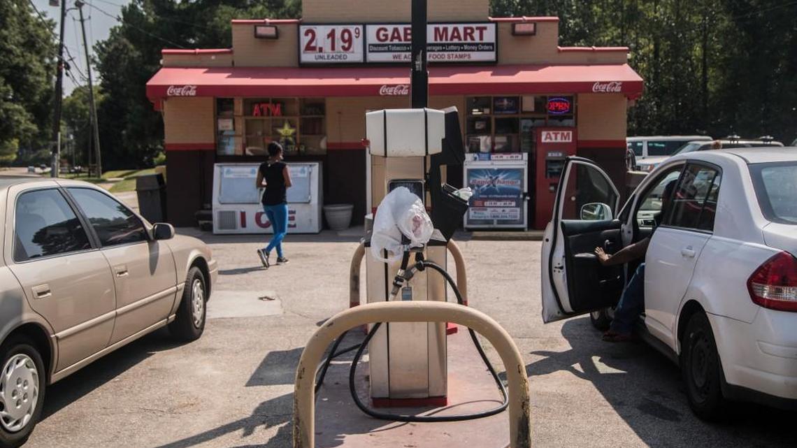Plastic bags cover gas pump nozzles at the Gabe Mart gas station in Raleigh on Labor Day, Monday, September 4, 2017. Gas prices are rising and supply is short due to pipeline disruptions from Hurricane Harvey.