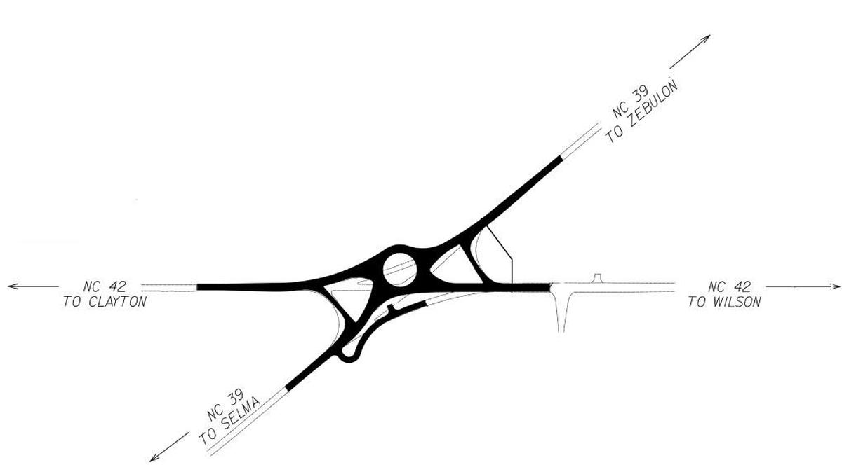 The planned roundabout at N.C. 39 and N.C. 42 in Johnston County. The two short ramps will be used for making right turns from eastbound 42 onto southbound 39 and from westbound 42 onto northbound 39.