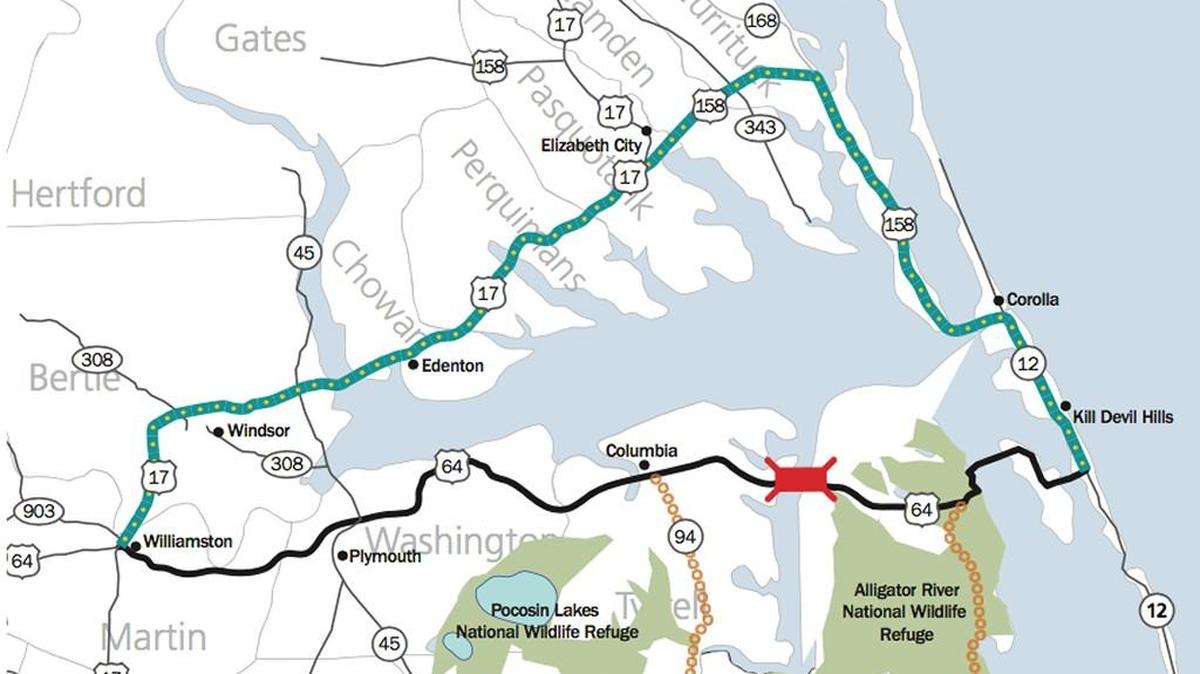 A map showing the detour needed when the U.S. 64 bridge over the Alligator River was closed in 2018 because of a mechanical problem with the swing span.