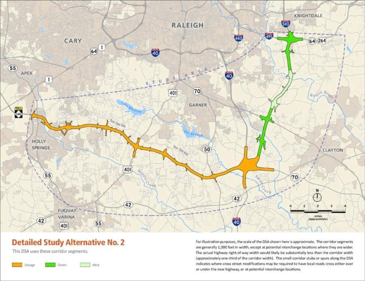 This is the planned route of the southern leg of N.C. 540, the Triangle Expressway. The N.C. Department of Transportation hopes contractors can begin construction on the 28.4-mile, six-lane toll road in 2019.