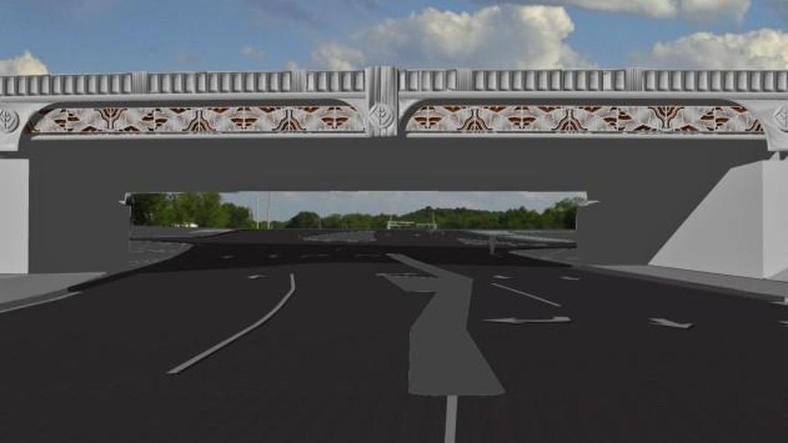 The Capital Boulevard bridge over Peace Street will have be ornamented with a steel grill with a pattern that suggests oak leaves and flowing water. The grill will be backlit at night.