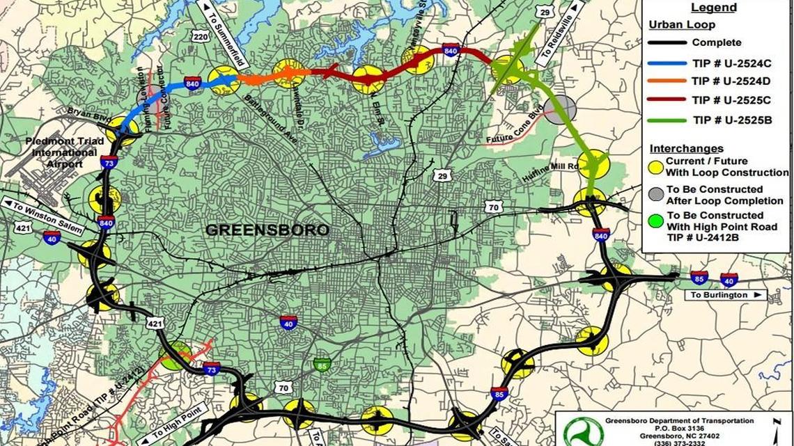 A map shows the Greensboro Urban Loop freeway project, with the completed segments in black and the proposed and under-construction segments in other colors.