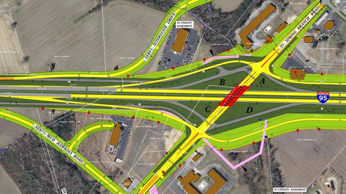 Exit 72 from Interstate 95 near Dunn is one of six that the N.C. Department of Transportation plans to rebuild in the coming years. The gray hatched lanes show the current exit and entrance ramps and service roads that will be replaced by new pavement in yellow.