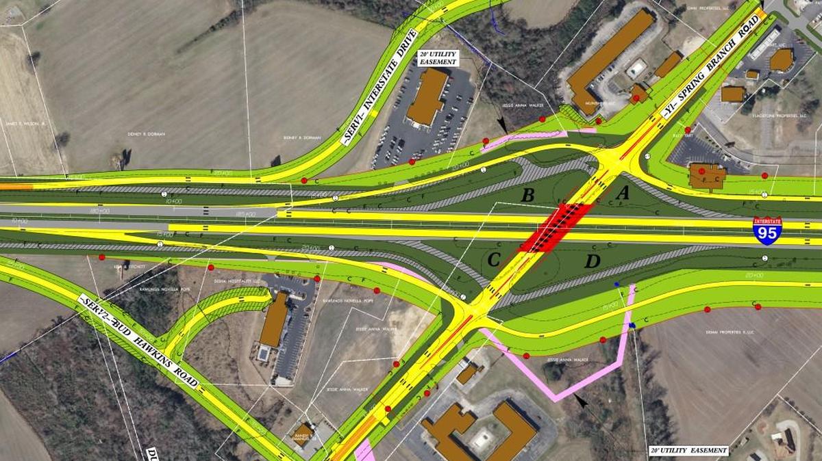 Exit 72 from Interstate 95 near Dunn is one of several that the N.C. Department of Transportation plans to rebuild in the coming years. The gray hatched lanes show the current exit and entrance ramps and service roads that will be replaced by new pavement in yellow.