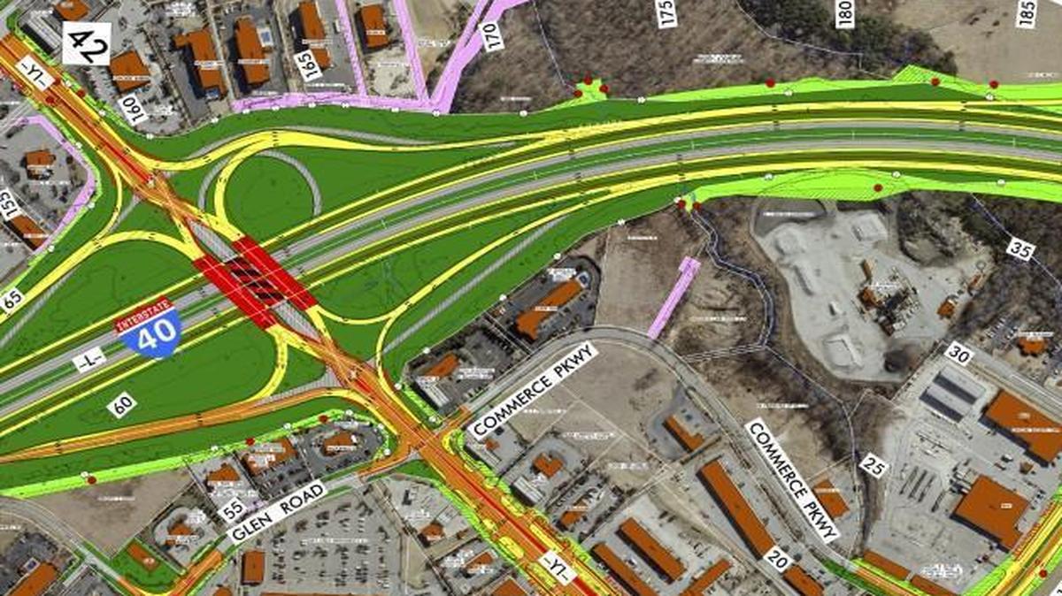 This rendering shows the planned changes to the Interstate 40 interchange at N.C. 42 and Cleveland Road. The interchange will be extended to let drivers get on or off the highway at Cleveland Road as well as N.C. 42. Meanwhile, N.C. 42 traffic passing over I-40 will follow a criss-cross pattern known as a diverging diamond designed to eliminate left turns and reduce time spent at red traffic lights.