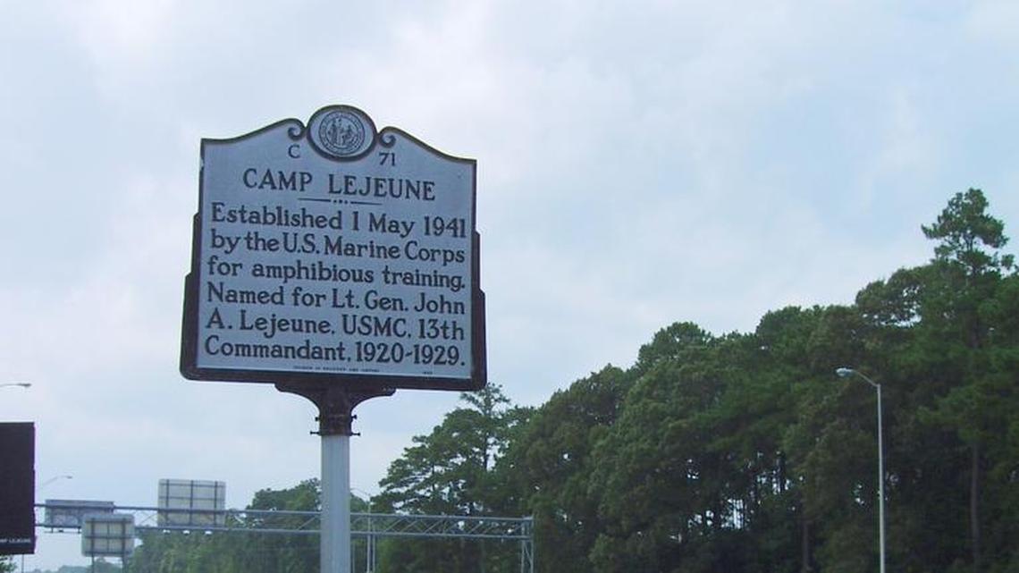 This state historical marker outside Camp Lejuene in Jacksonville, North Carolina.