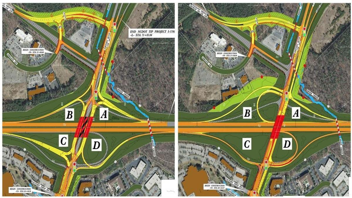 These are the two options that the N.C. Department of Transportation is considering for the Interstate 40 interchange at Airport Boulevard. The NCDOT will present the plans and take feedback at a public meeting at the LaQuinta Inn and Suites near the interchange on Tuesday, Jan. 30, from 4 to 7 p.m.