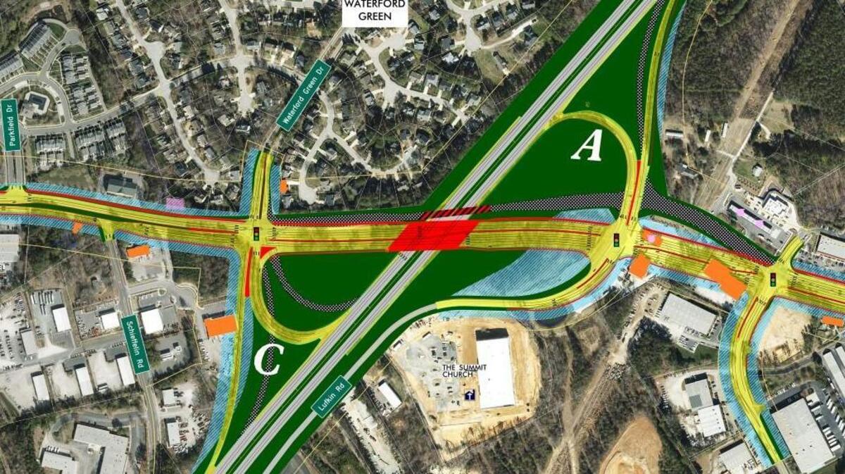 Both options for widening Ten Ten Road would shift the road south at the interchange with U.S. 1, forcing the demolition of the Sheetz and Shuler Electric buildings, seen in red on the right side of this diagram.